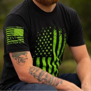 Till Valhalla Project Apparel Black Tee with Neon Green Flag Design